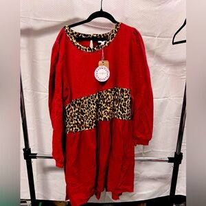 Umgee Red Dress with Leopard Print Accent